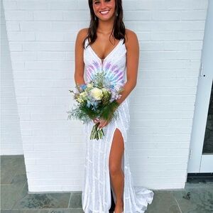 Alyce Paris White Sequin V-Neck Prom Dress with Pastel Iridescent Accents